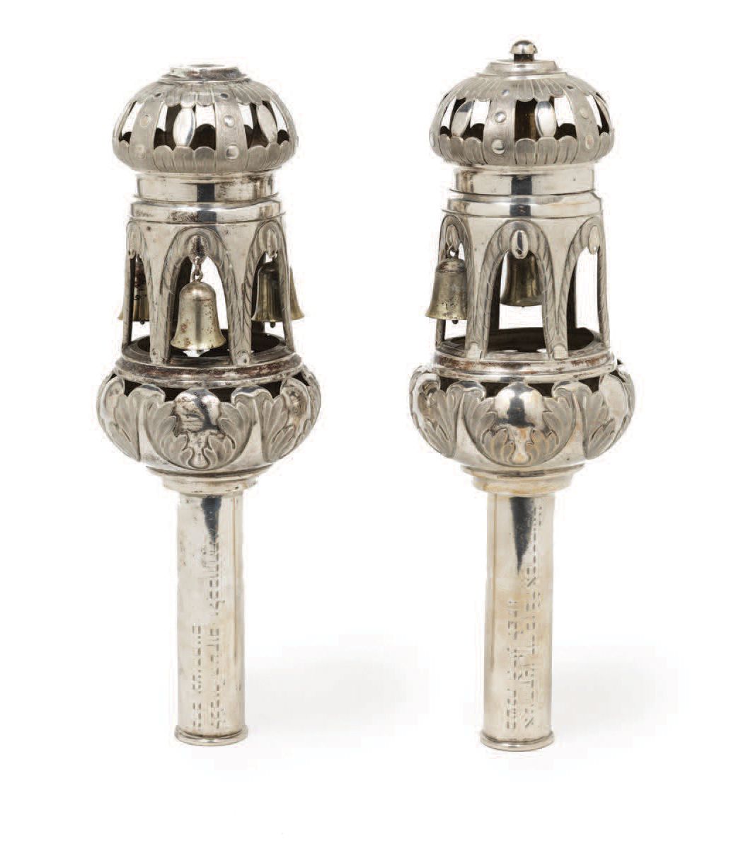 Null PAIR OF SILVER RIMONIM Probably Germany, 1853
With inscriptions in Hebrew. &hellip;