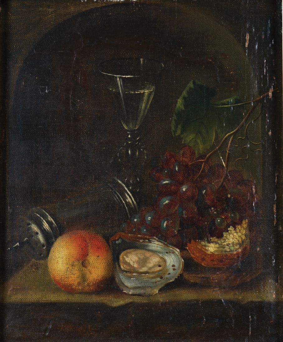 Ecole Flammande du XIXe siècle 银色沙发，水果和牡蛎
静物，木头上的油画
H_26,4 cm W_31,5 cm