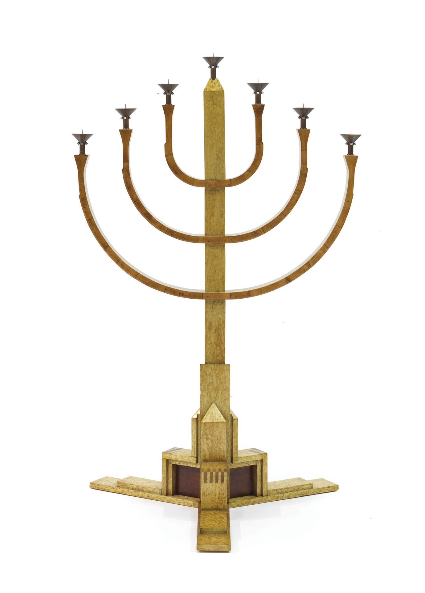 Null EXCEPTIONNELLE MENORAH A SEPT LUMIERES DE STYLE ART DECO EN BOIS ET LAITON &hellip;