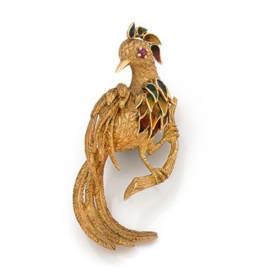 Null Brooch in 18K (750) gold stylizing an exotic bird on a branch, the plumage &hellip;