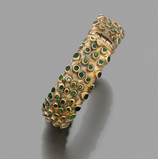 LINE VAUTRIN (1913-1997) HERISSON' 型号
鎏金青铜开口手镯，部分涂有绿色珐琅。签名：L.V.
宽度：2厘米。
内部尺寸：6.5&hellip;