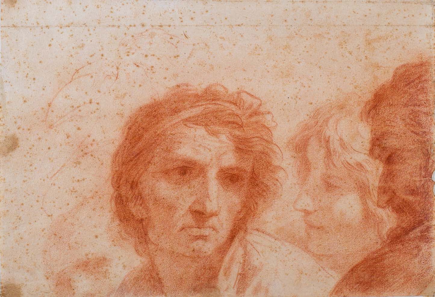 Ecole italienne du XVIIe siècle 三个人的头
Sanguine。弯曲，小裂缝，污渍。裱框左下方有注释，背面有钢笔写的 "Giust&hellip;