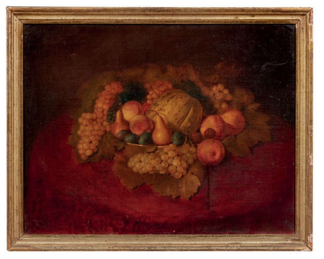 PITTORE DEL XIX SECOLO 
Still life of fruit on red fabric
Huile sur toile
École &hellip;