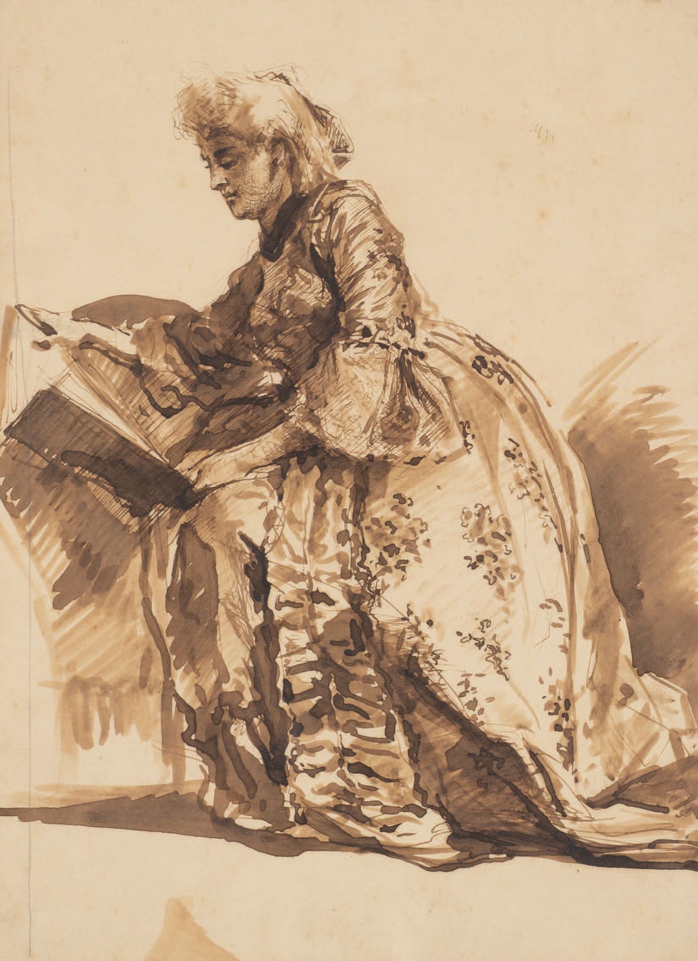 Scuola Italiana del XIX secolo 
Mujer joven leyendo
Lavis marrón
École italienne&hellip;
