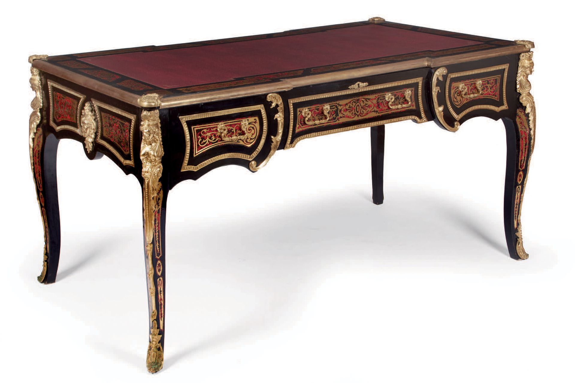 Null 拍品包括一张布勒风格的书桌，有镀金的金属镶嵌和应用，浅红色的皮革桌面，三个抽屉，高_83厘米，宽_162厘米，长_90厘米，以及四张类似风格的椅子，高&hellip;