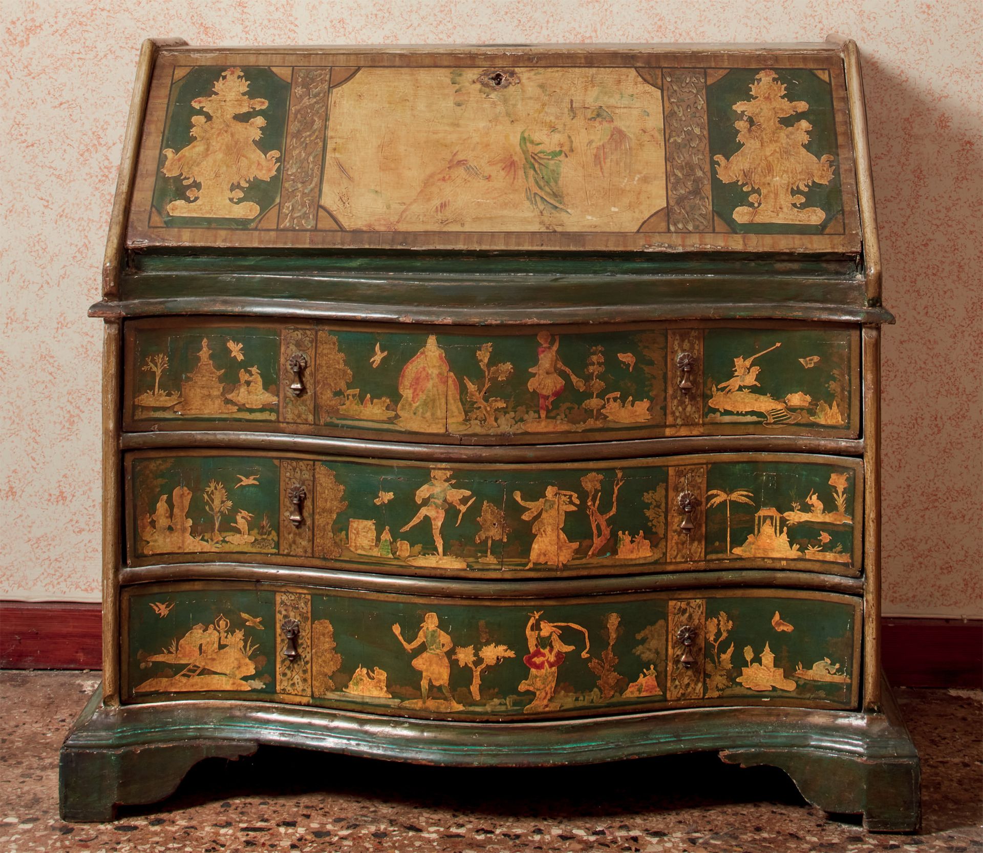 Null Wooden flap dresser later lacquered green with motifs of gallant scenes, fr&hellip;