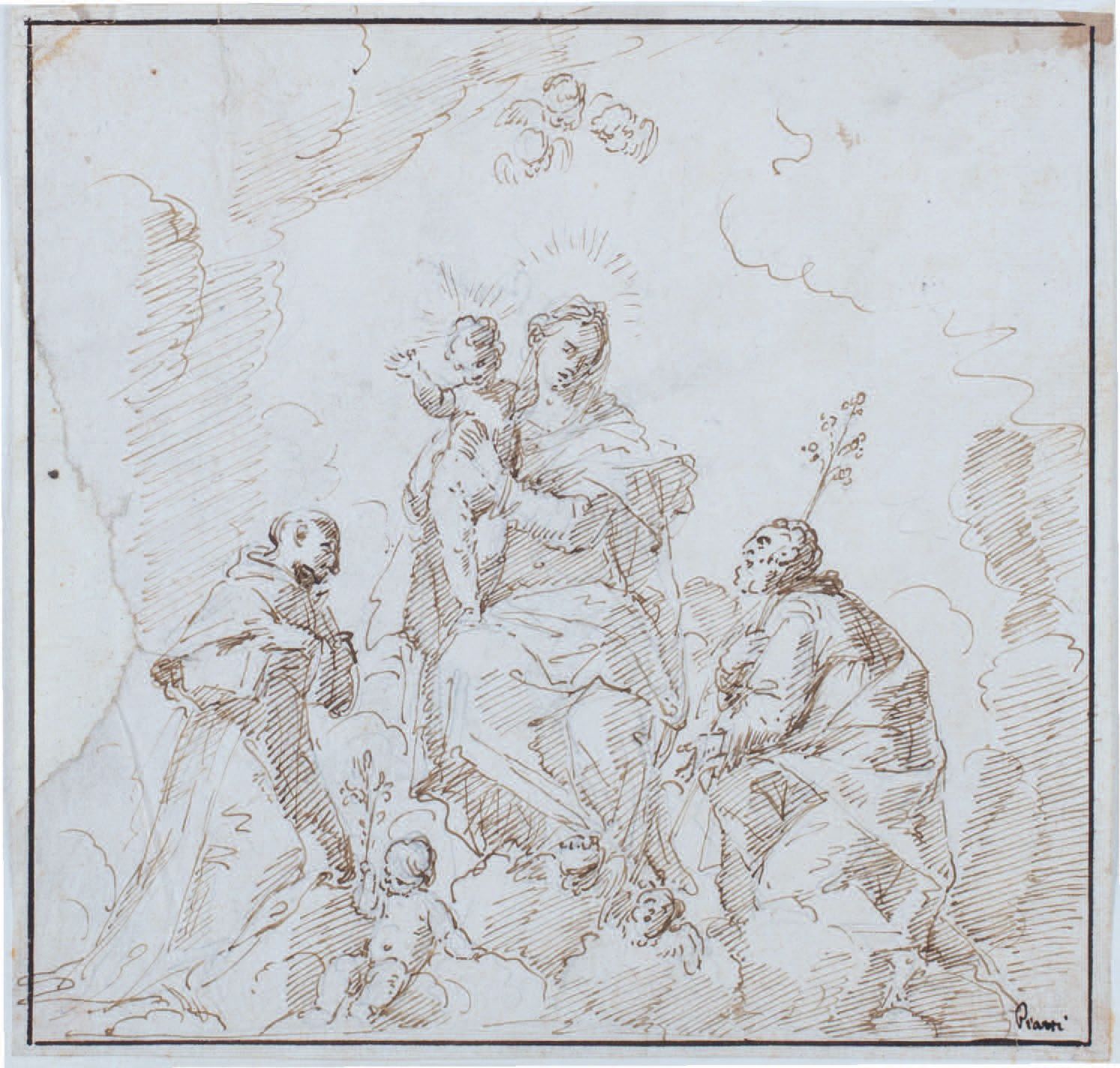 Sante PIATTI (ca. 1687-1747) 
被圣弗朗西斯和圣约瑟夫包围的圣母和儿童耶稣
钢笔，棕色墨水（撕裂，有胶水痕迹）
La Vierge &hellip;