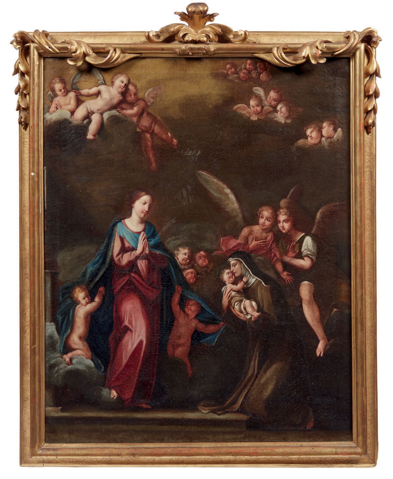 PITTORE DEL XVIII SECOLO 
Virgen con el Niño, santa Claire, ángeles y querubines&hellip;