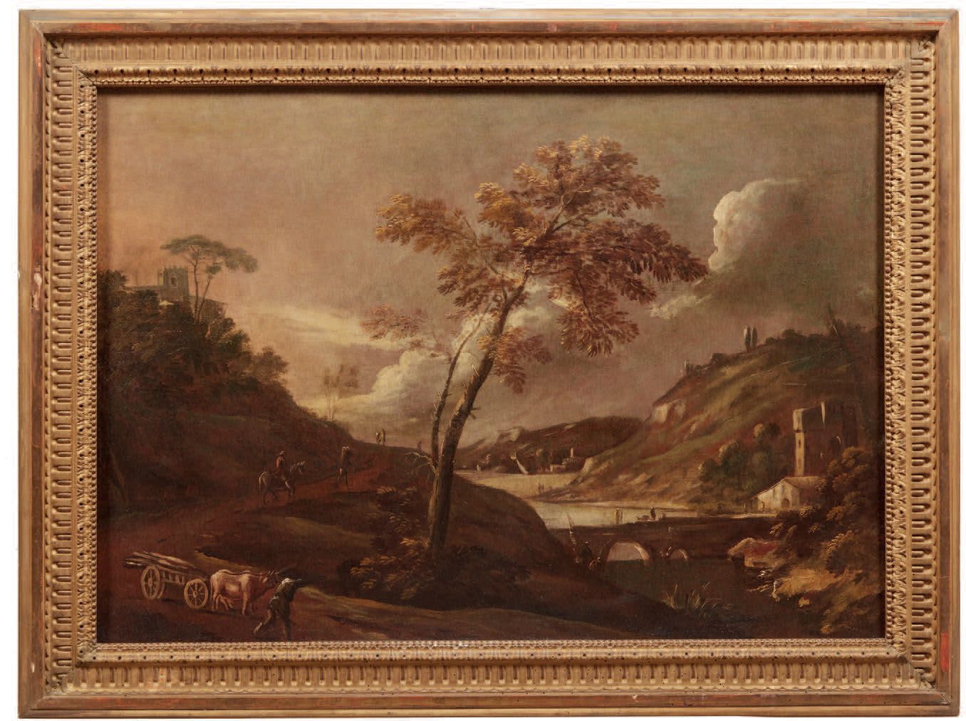 Scuola Veneta del XVIII secolo 
有河的风景，中间的树，桥和人物
布面油画，有框架
École vénitienne du XVI&hellip;