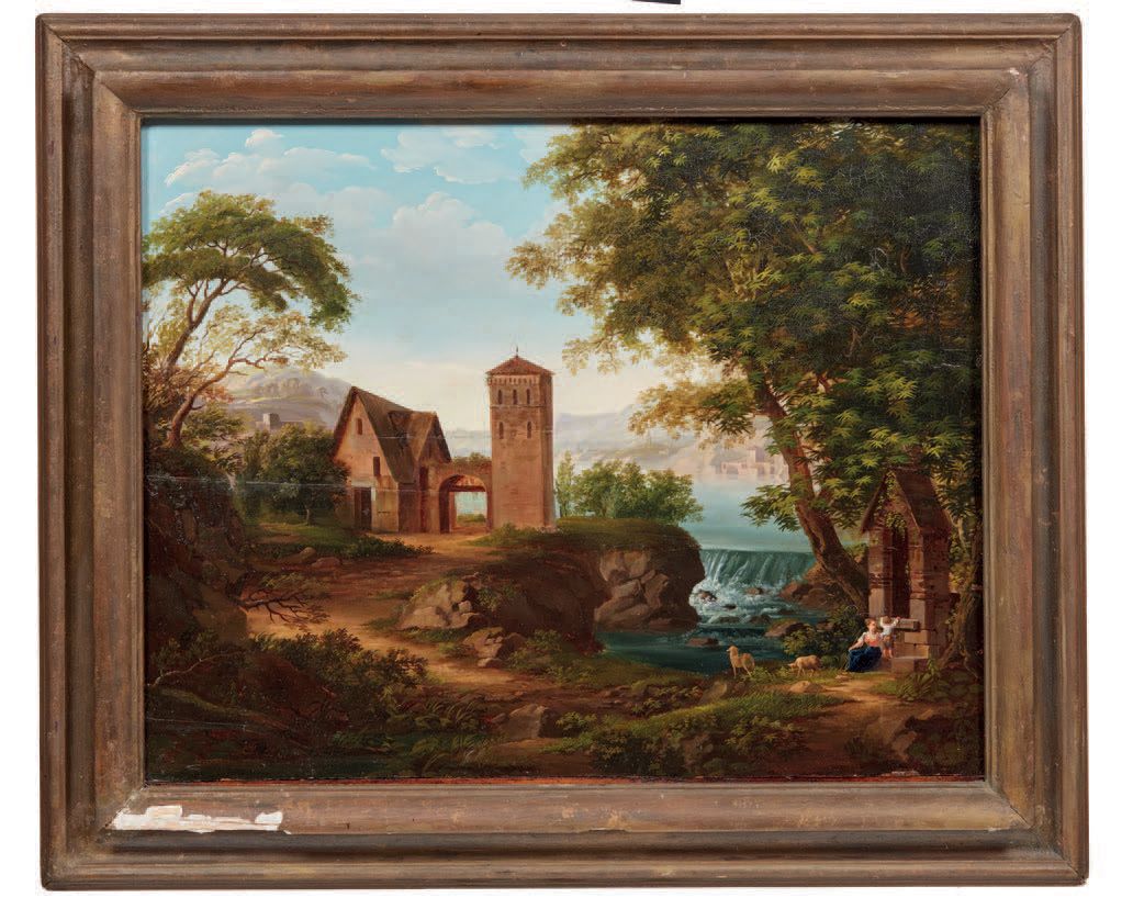 Pittore del XVIII/XIX secolo 
Landschaft mit einem Turm in der Nähe eines kleine&hellip;