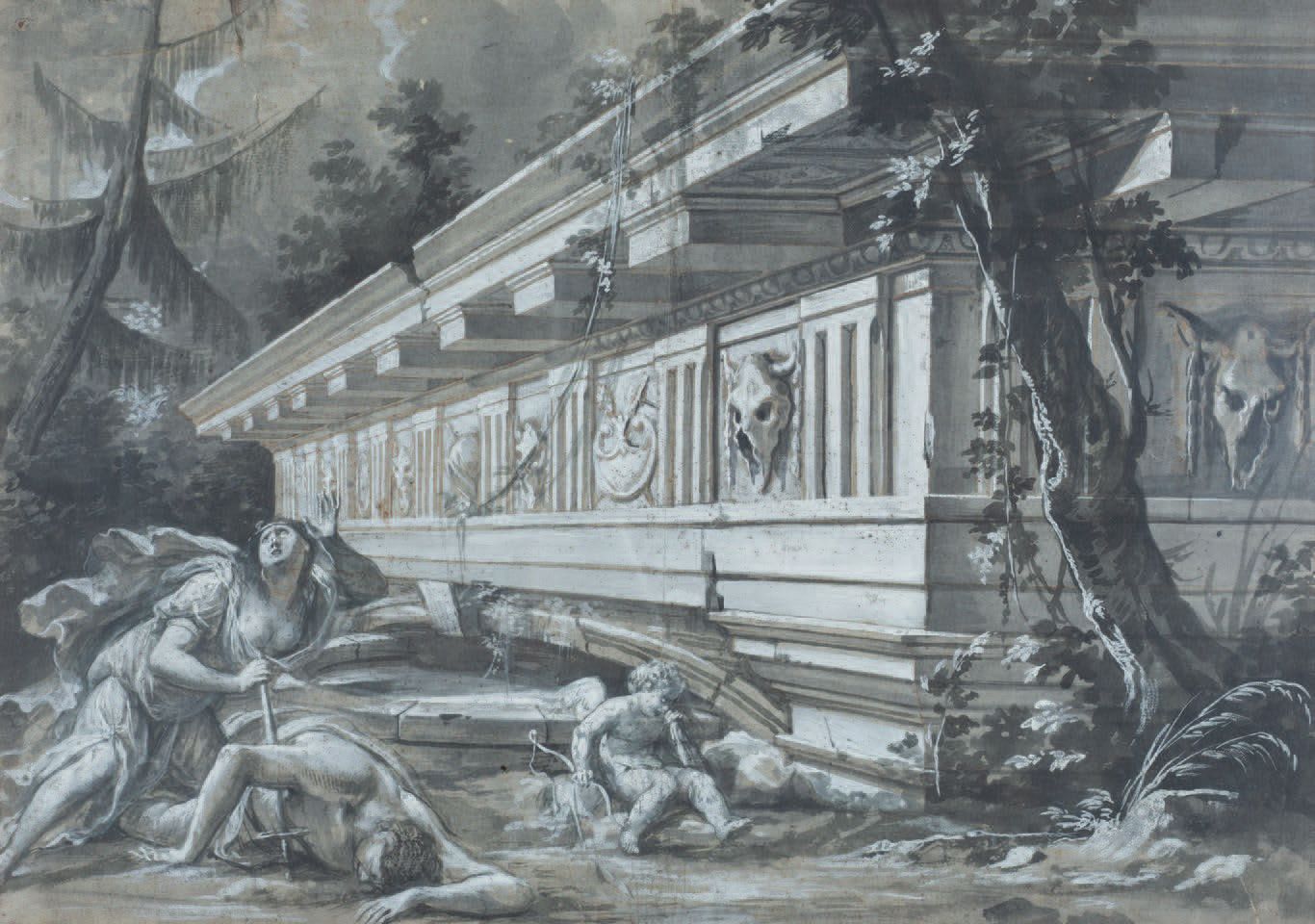 Scuola Italiana del XVIII secolo 
Pyrame et Thisbé
Pierre noire, plume, lavis bl&hellip;