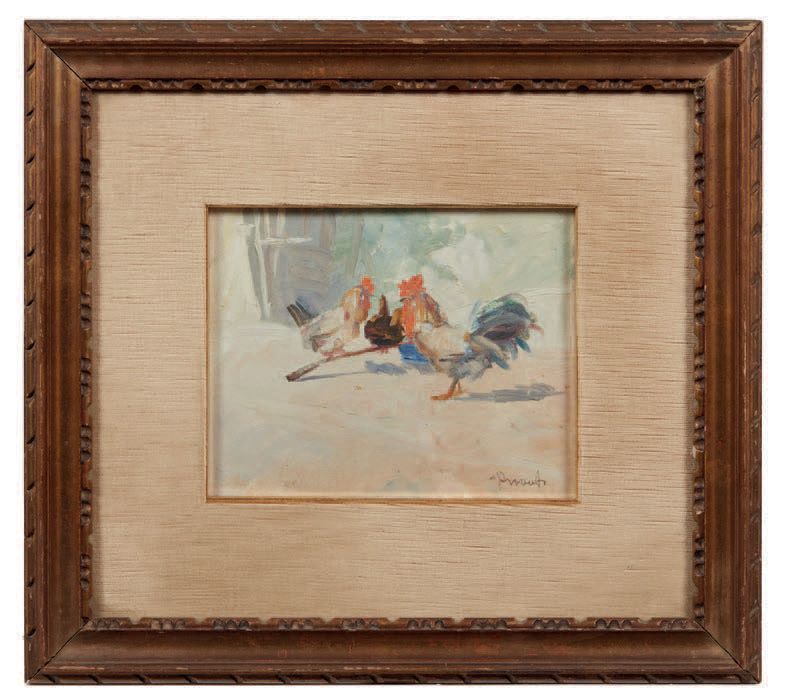 COSIMO PRIVATO (1899-1971) 
Two roosters
Oil on masonite, signed
Deux coqs
Huile&hellip;