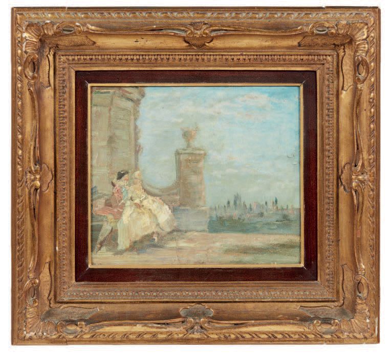 Pittore del XIX secolo nello stile di Emma Ciardi 
Escena galante
Óleo sobre car&hellip;