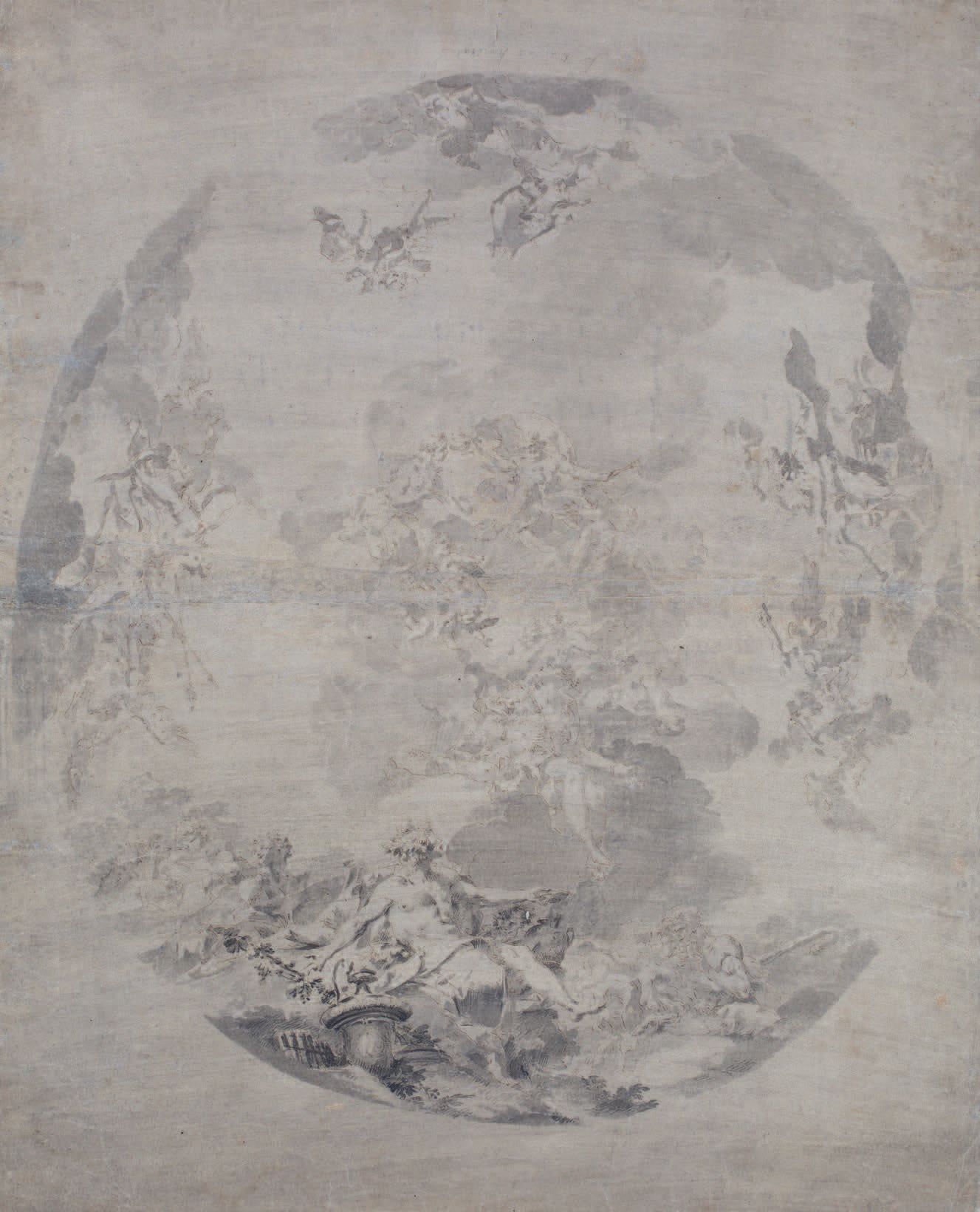 Sebastiano GALEOTTI (1675-1741) 
天花板项目：阿兰娜进入奥林匹斯山
棕色墨水，灰色水洗（修复，折痕，潮湿的痕迹）
天花板项目：阿&hellip;