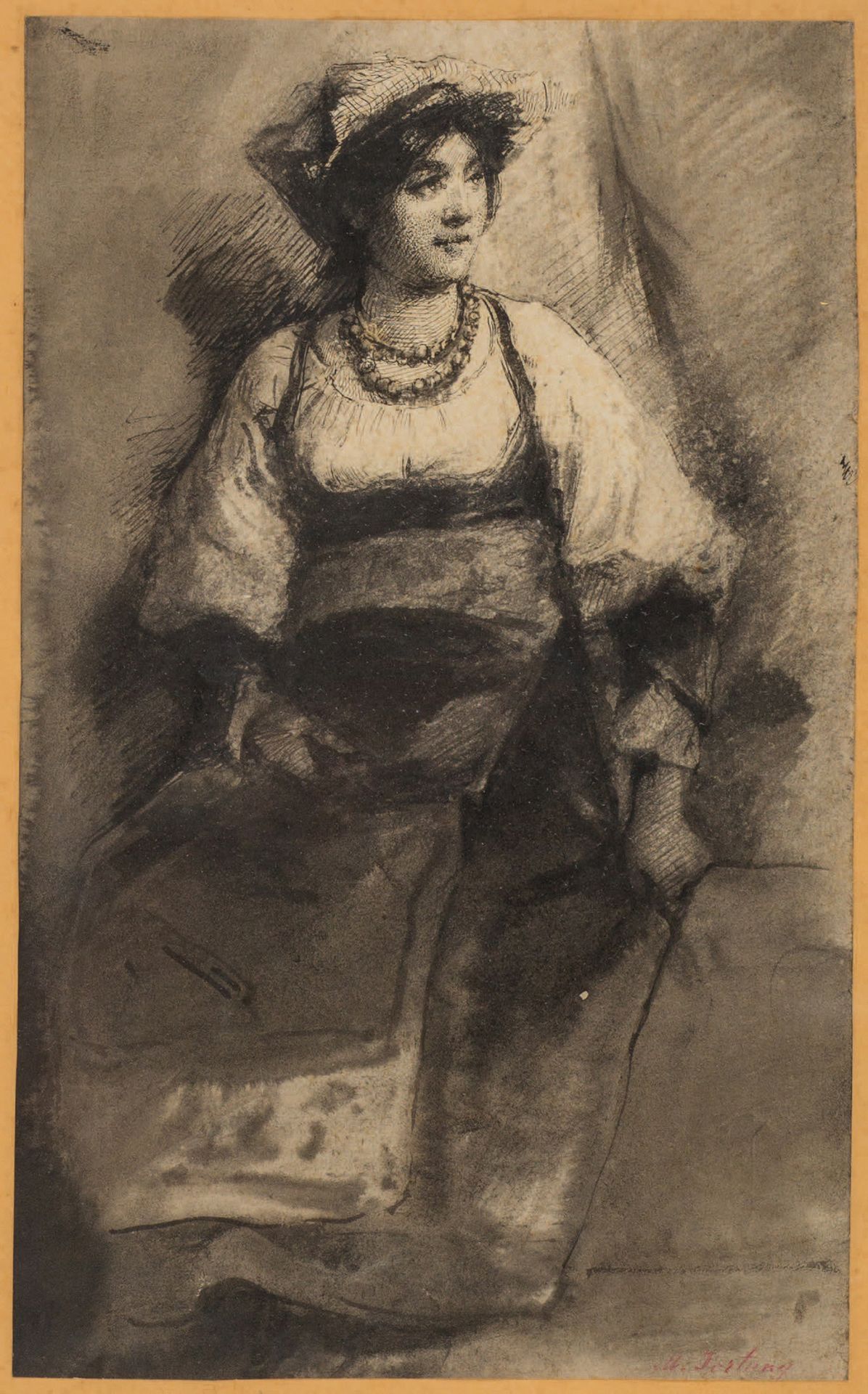 PITTORE DEL XIX SECOLO 
一位身着传统服装的年轻女子的肖像 笔，灰泥，黑珍珠
右下方有红色铅笔签名 "M. Fortuny"
Peintr&hellip;