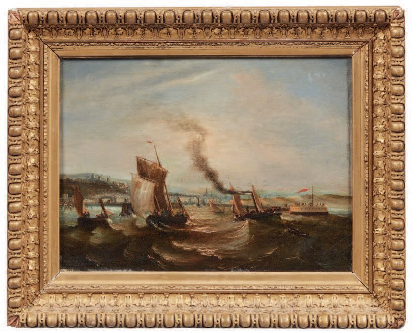 PITTORE DEL XIX SECOLO 
蒸汽船和帆船，远处的城市
布面油画
Peintre du XIXe siècle Bateaux à vapeu&hellip;