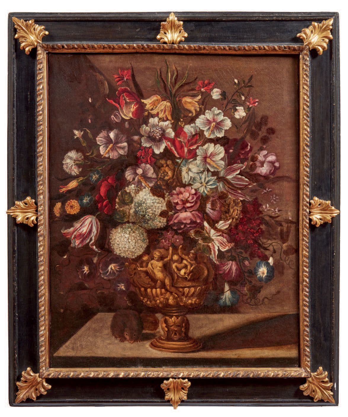 PITTORE DEL XVII SECOLO 
Blumenstillleben in einer vergoldeten Vase
Öl auf Leinw&hellip;