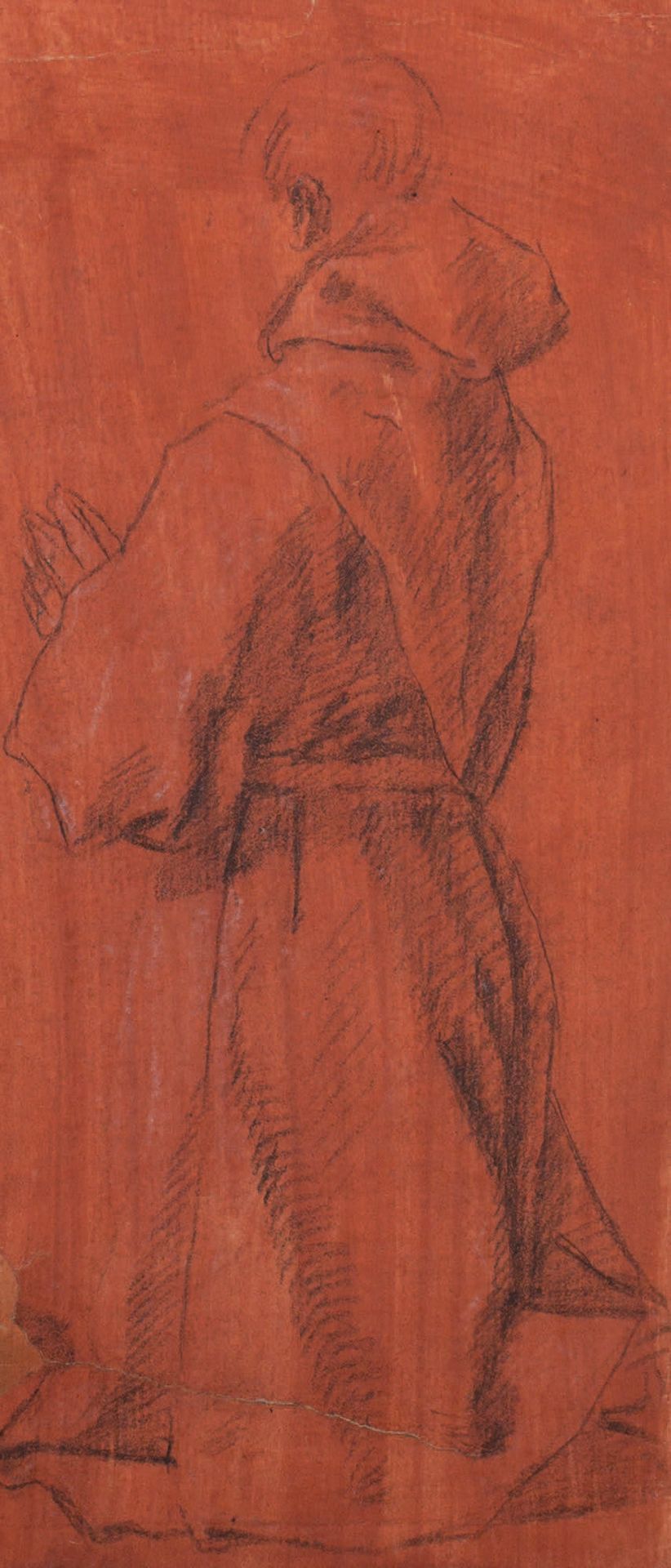 Lazzaro Tavarone (1556-1641) 
僧侣跪地祈祷，从后面看
红纸上的黑石（撕裂，修复）
Moine priant, agenouillé&hellip;