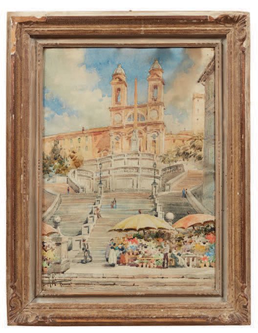 Roberto Raimondi (1877-1940) 
罗马的Trinità dei Monti
纸上水彩画
左下方签名
Aquarelle sur pap&hellip;