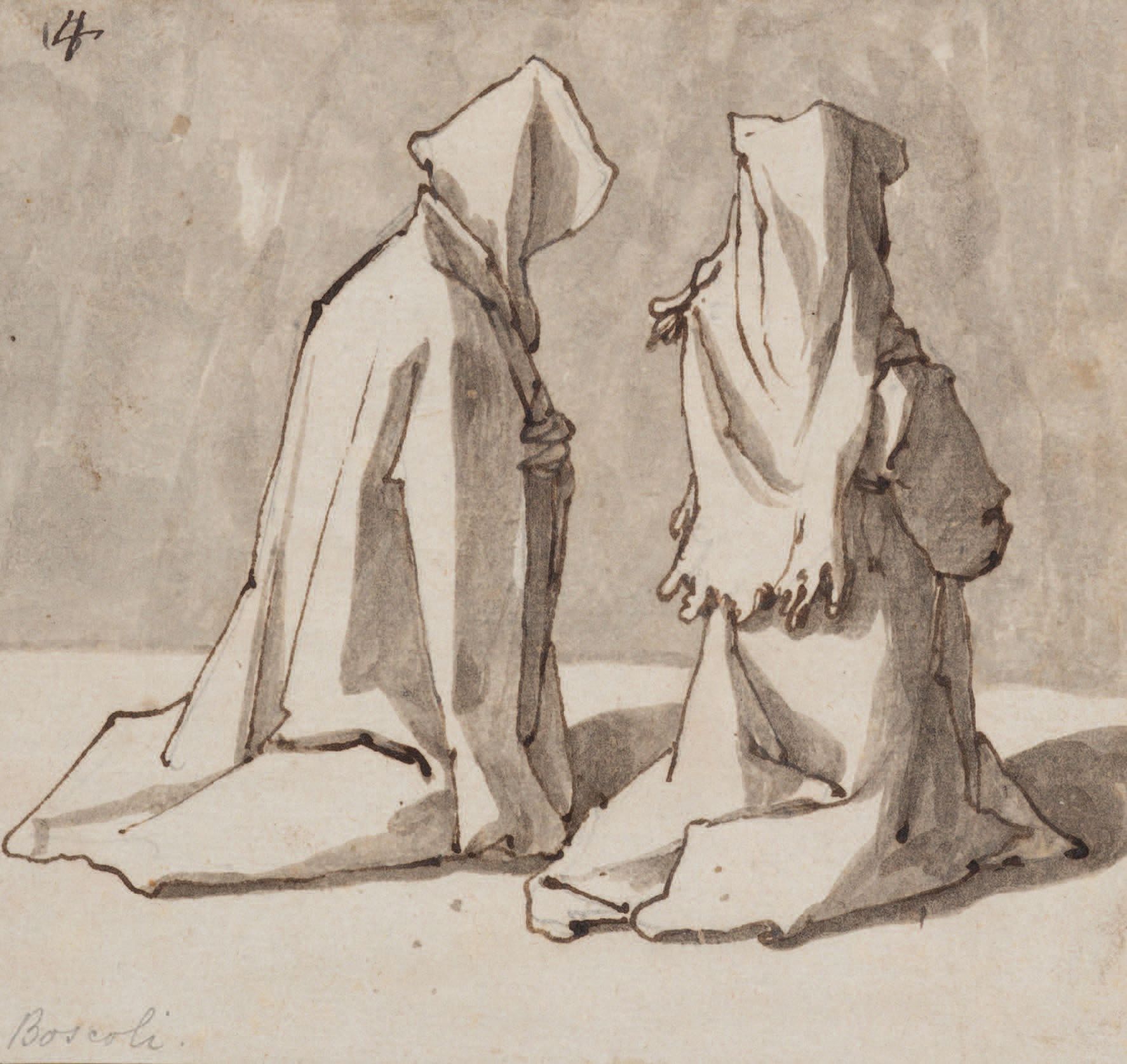 Andrea BOSCOLI (1560-1607) 
两个蒙面人在祈祷，从后面看
钢笔，黑色墨水，棕色水洗
左下方用铅笔题写，左上方编号为14
Deux pe&hellip;
