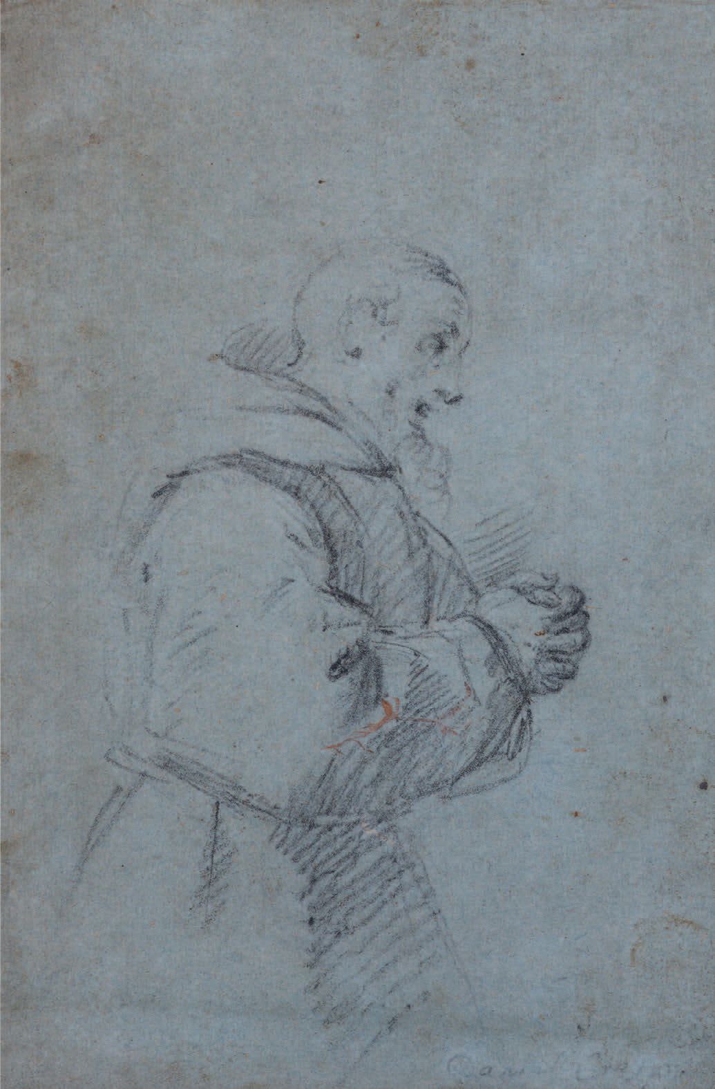Attribuito a Daniele CRESPI (1598-1630) 
一个双手合十的僧侣的研究，从侧面看
蓝色对领纸上的黑石
右下角的铭文痕迹
归于&hellip;