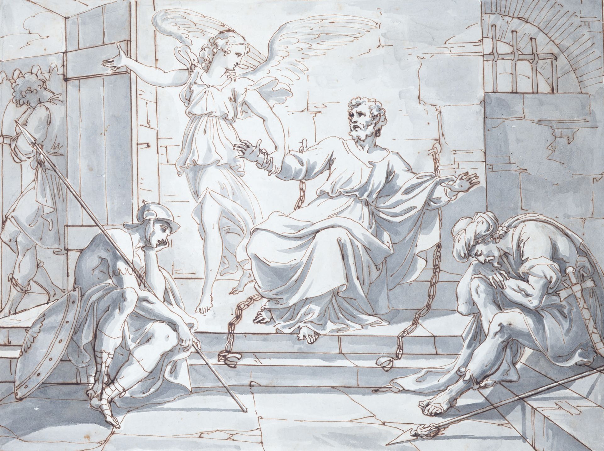 Scuola romana del XVIII secolo 
La liberazione di san Pietro dal carcere
Penna, &hellip;