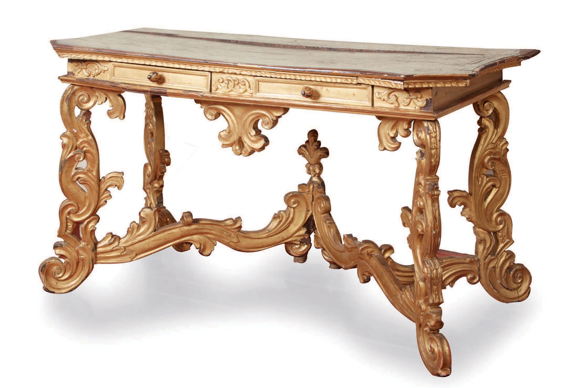 Null Table console en bois sculpté et doré, le plateau anciennement marqueté et &hellip;