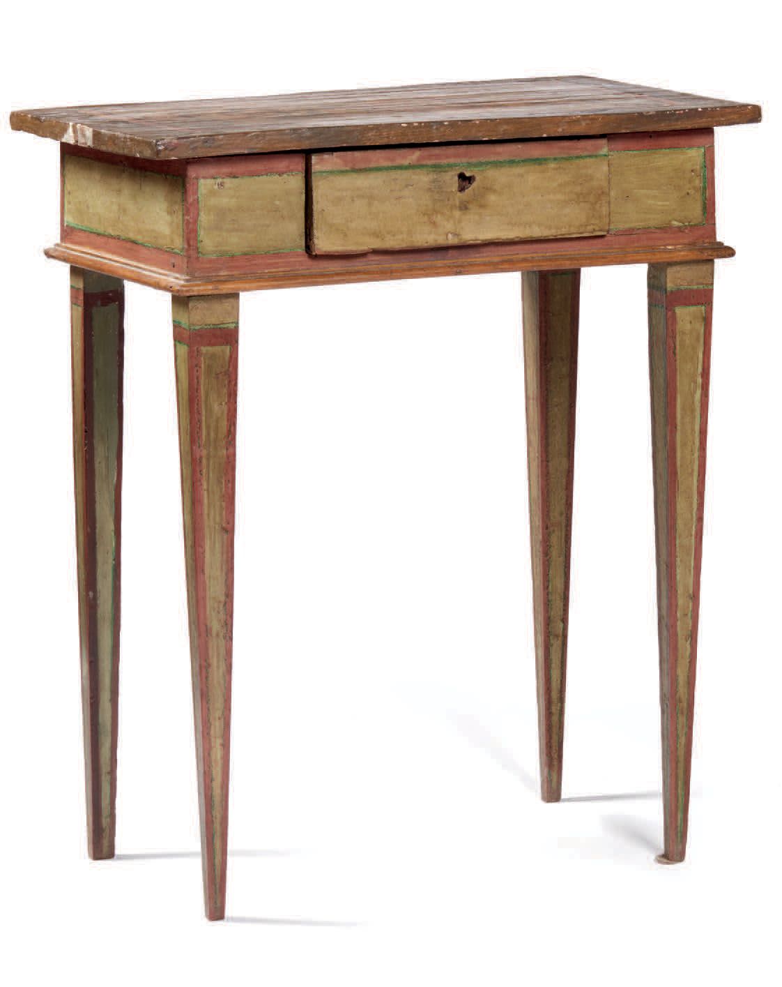Null 浅绿色和粉红色漆木小桌，顶部装饰有仿大理石，正面有一个抽屉，截短的金字塔腿。意大利，18世纪末（后锁，有些缺漆）
Petite table en bo&hellip;