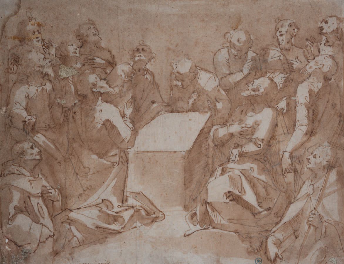 Guglielmo CACCIA detto IL MONCALVO (c.1568-1625) 
圣母墓前的使徒
钢笔, 棕色墨水, 棕色水洗
右下方的铭文
&hellip;