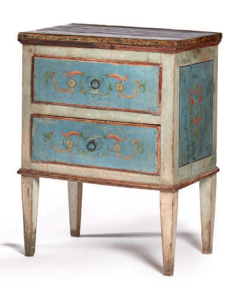 Null Small polychrome wood dresser, two drawers with floral decoration on a blue&hellip;