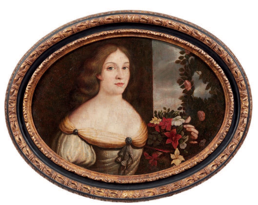 PITTORE DEL XVIII SECOLO 
带花的女士肖像
椭圆形画布上的油画（修复）
École du XVIIIe siècle Portrait &hellip;
