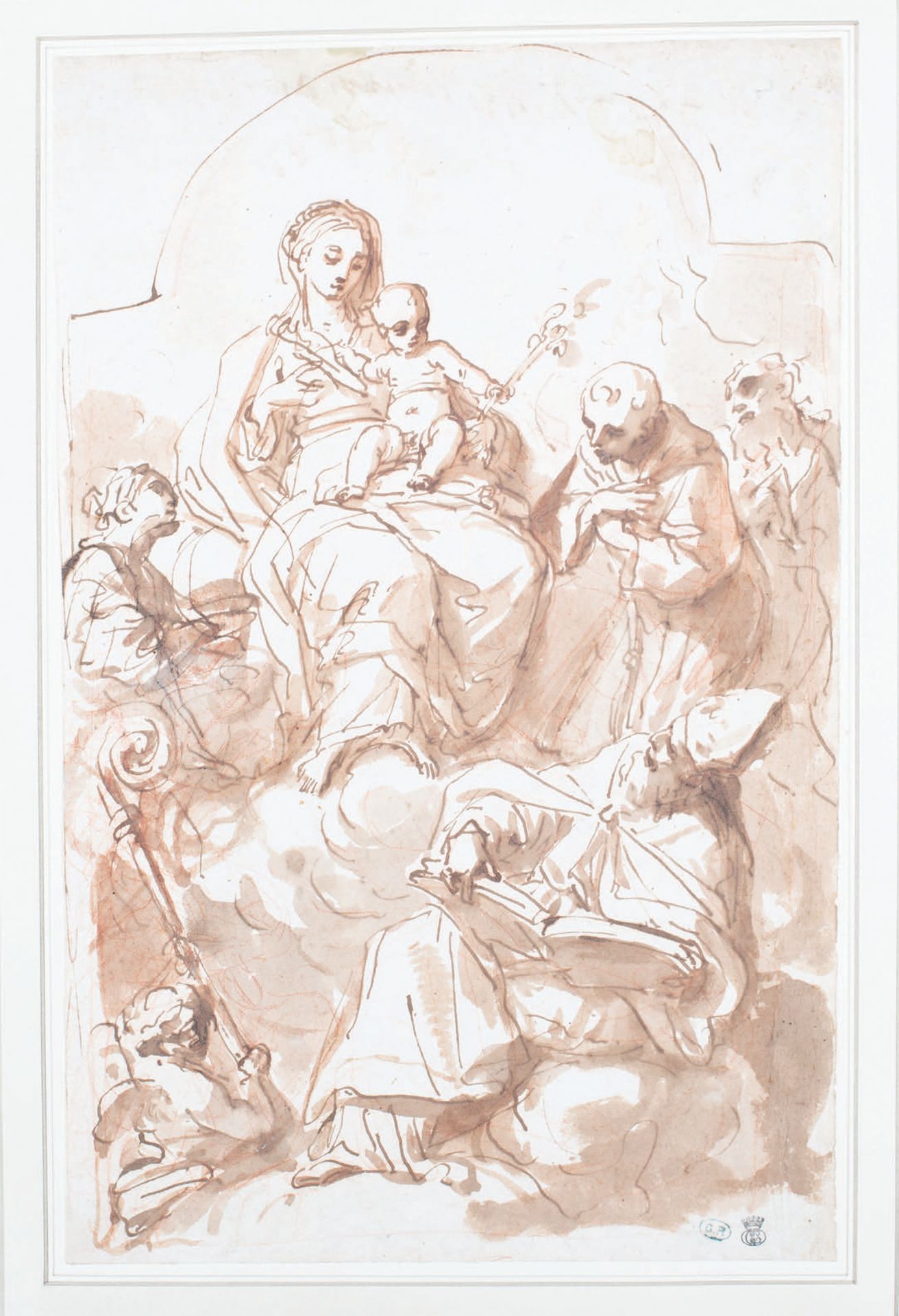 Giovanni Antonio BURRINI (1656-1727) 
圣母和儿童耶稣被圣弗朗西斯、埃利兄弟、圣奥古斯丁和一位圣人包围
笔，灰色水洗（边框整&hellip;