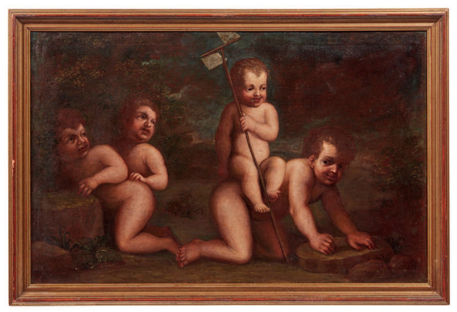 Pittore del XVII/XVIII secolo 
Paire de tableaux avec des cupidons jouant. Huile&hellip;