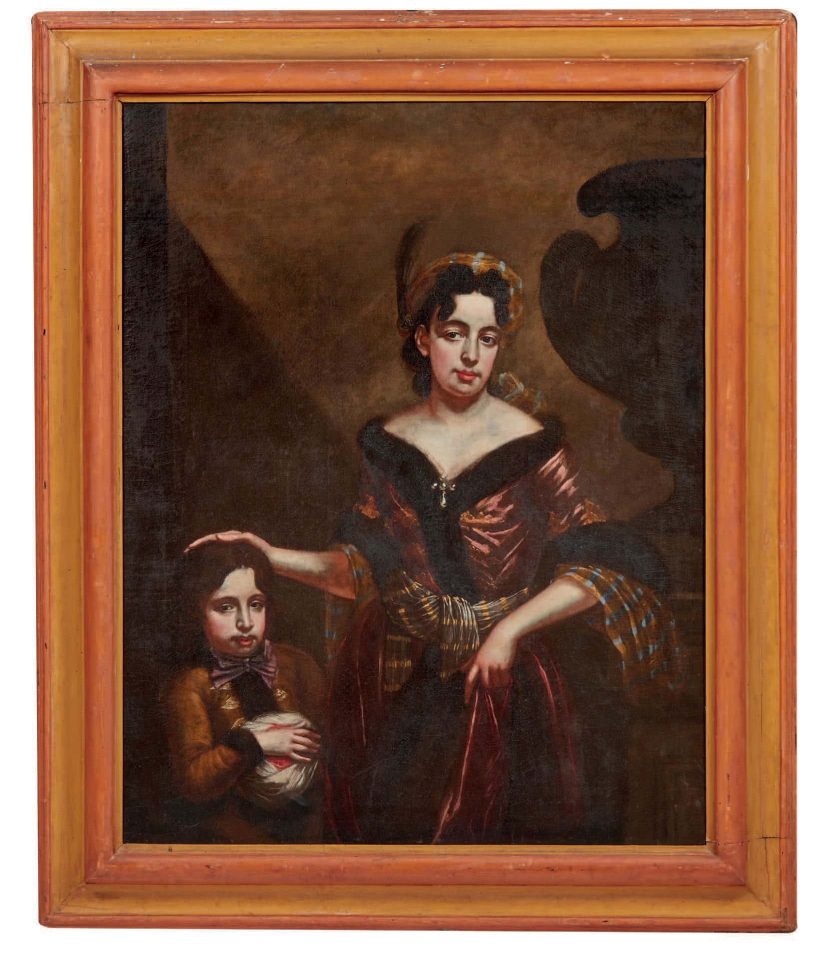 Scuola del XVII secolo 
带孩子的女士肖像
布面油画
美丽的17世纪木雕框架，并在龙虾和黄色色调中涂漆（有些缺损）
École du XV&hellip;
