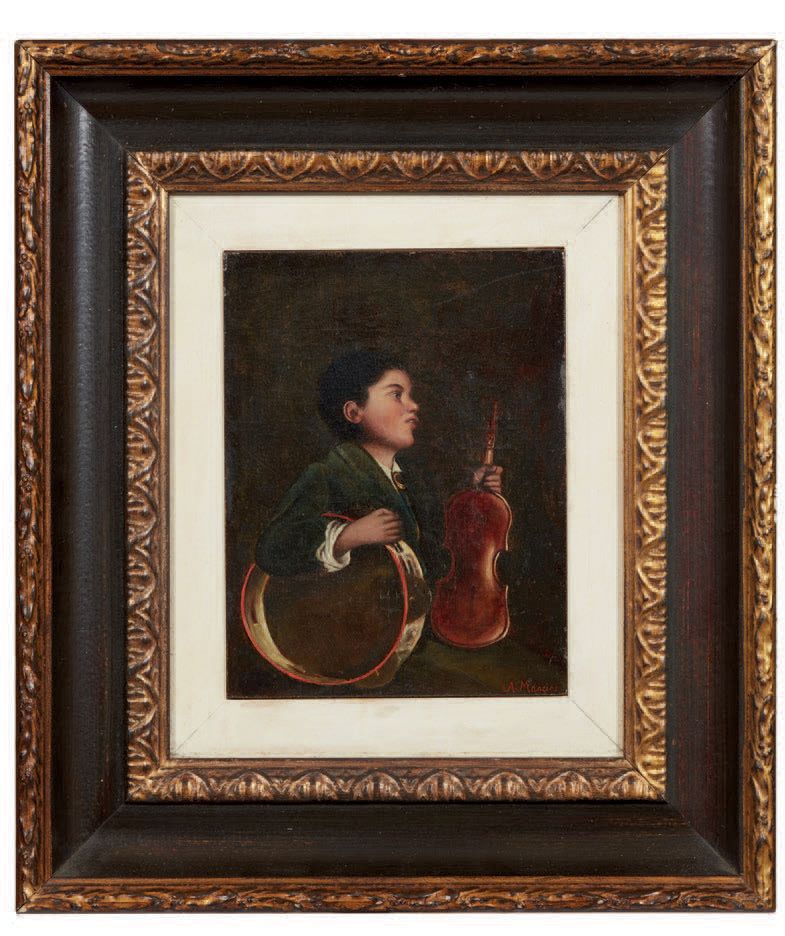 Pittore del XIX/XX secolo 
拿着小提琴和手鼓的年轻音乐家的肖像
板上油画。右下方的签名："A. Mancini"
十九至二十世纪的画家&hellip;