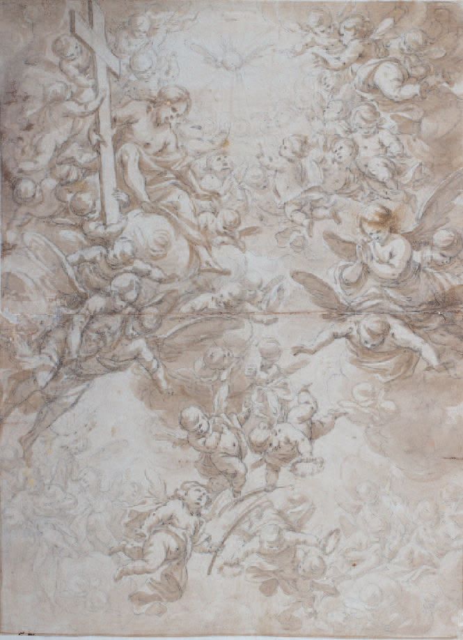 Attribuito a Sante PERANDA (1566-1638) 
荣耀中的基督
黑石，钢笔，棕色lavis (pliures)
Attribué &hellip;