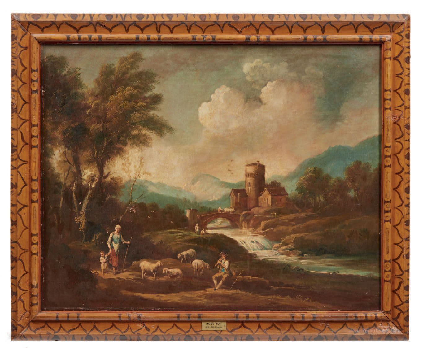 Pittore del XVIII/XIX secolo 
Waldlandschaft mit Hirten an einem Wasserfall
Öl a&hellip;