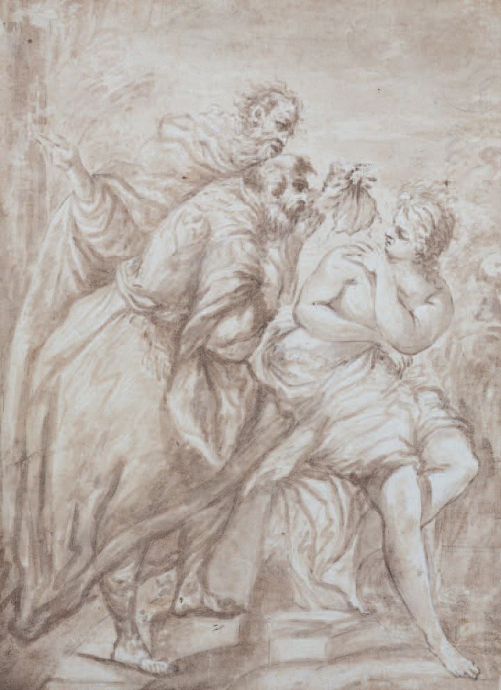 Bottega di Giovanni Antonio BURRINI (1656-1727) 
Suzanne et les vieillards
Lavis&hellip;