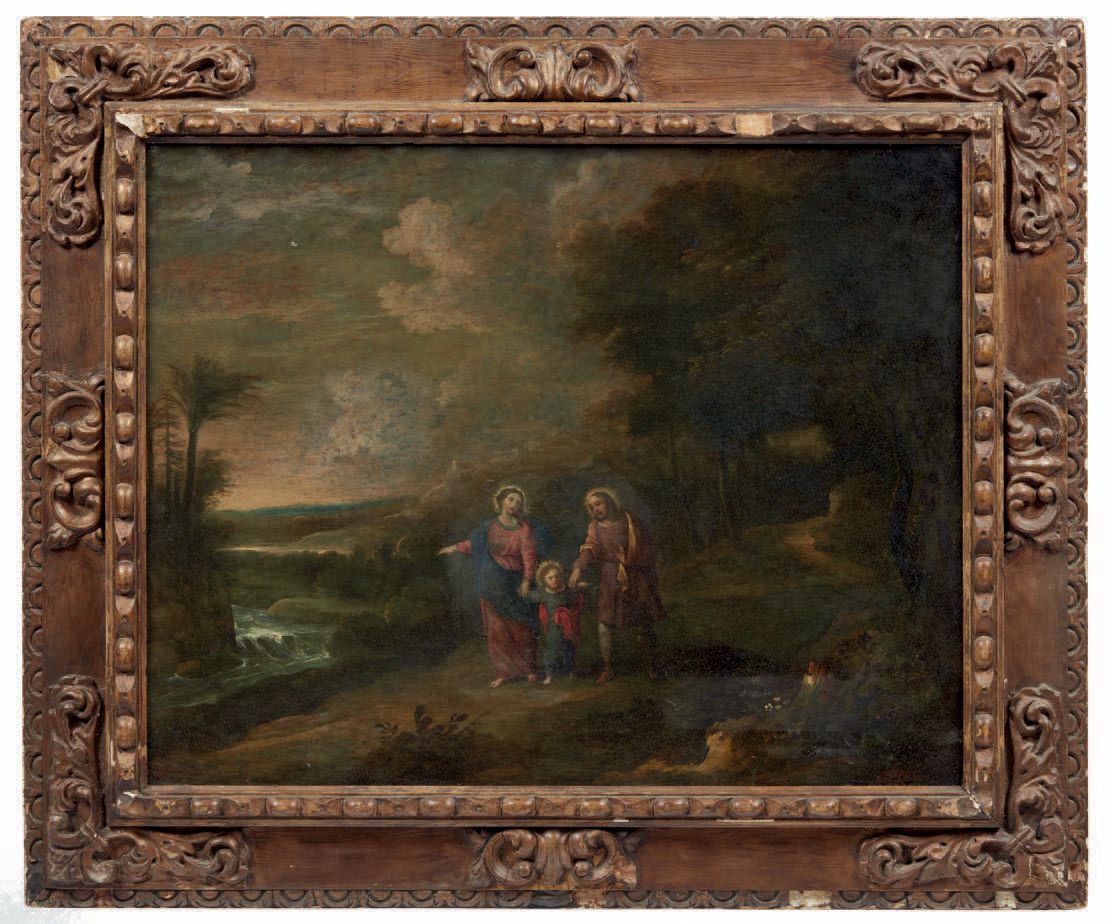 PITTORE DEL XVII SECOLO 
Die Heilige Familie in einer Landschaft
Öl auf Kupfer (&hellip;