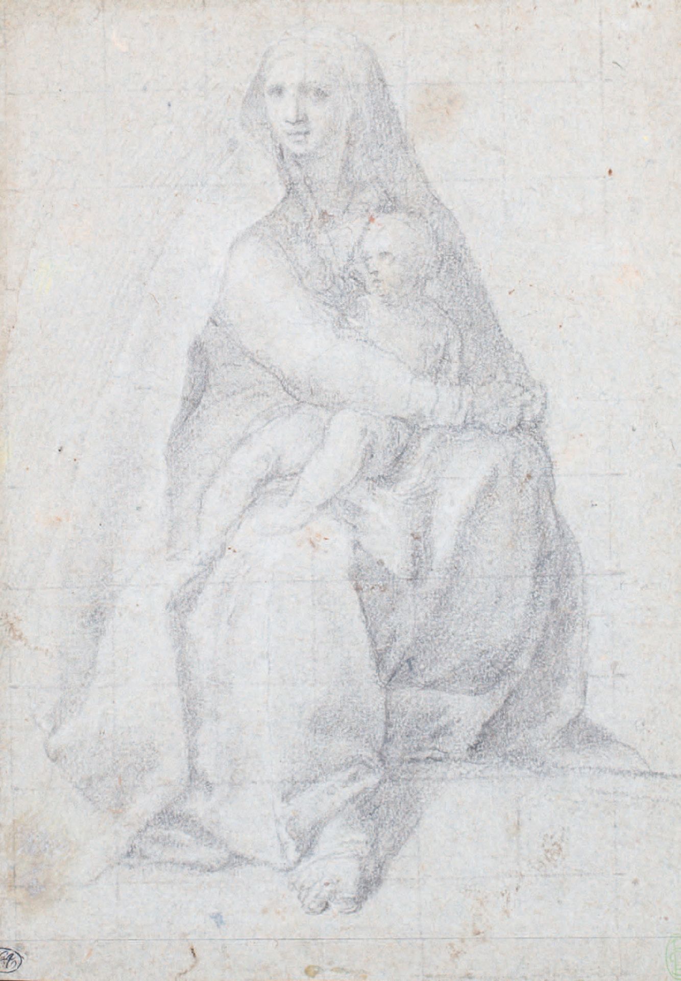 Attribuito a Girolamo MUZIANO (1532-1592) 
《圣母与儿童耶稣》
方形纸上的黑石（修复）
背面刻有："Io.啤酒。更多采&hellip;