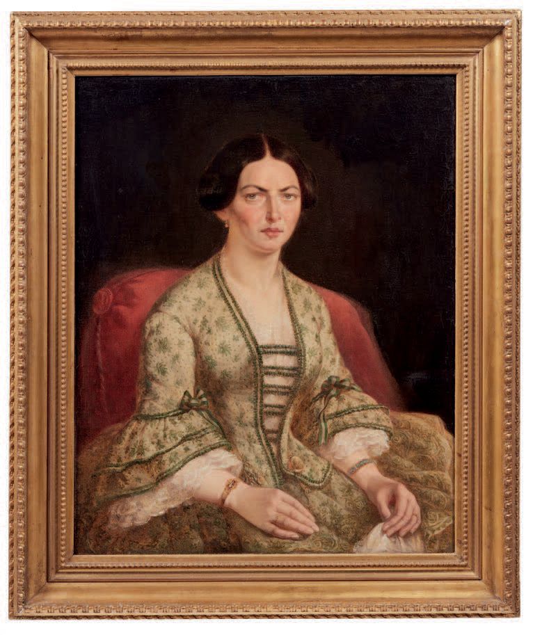 PITTORE DEL XIX SECOLO 
Portrait d'une dame avec un coussin rouge
Huile sur toil&hellip;
