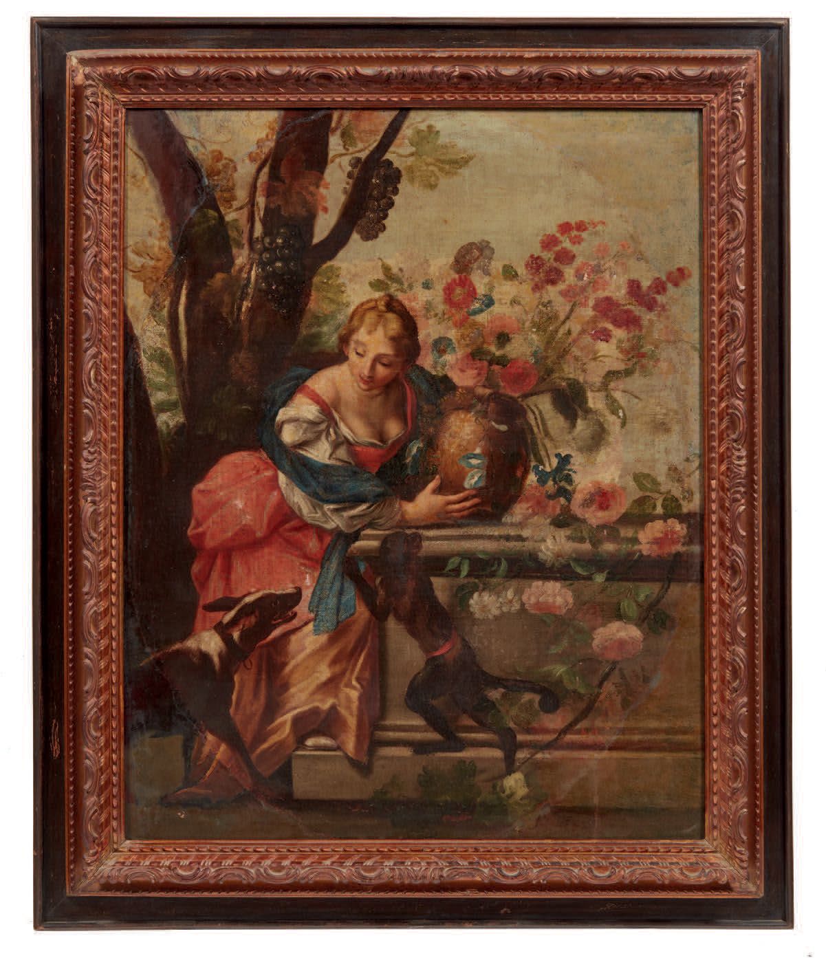 Scuola del XVIII secolo 
带花盆的少女，风景中的猴子和狗
布面油画（原为椭圆形；修复和损坏）
École du XVIIIe siècl&hellip;