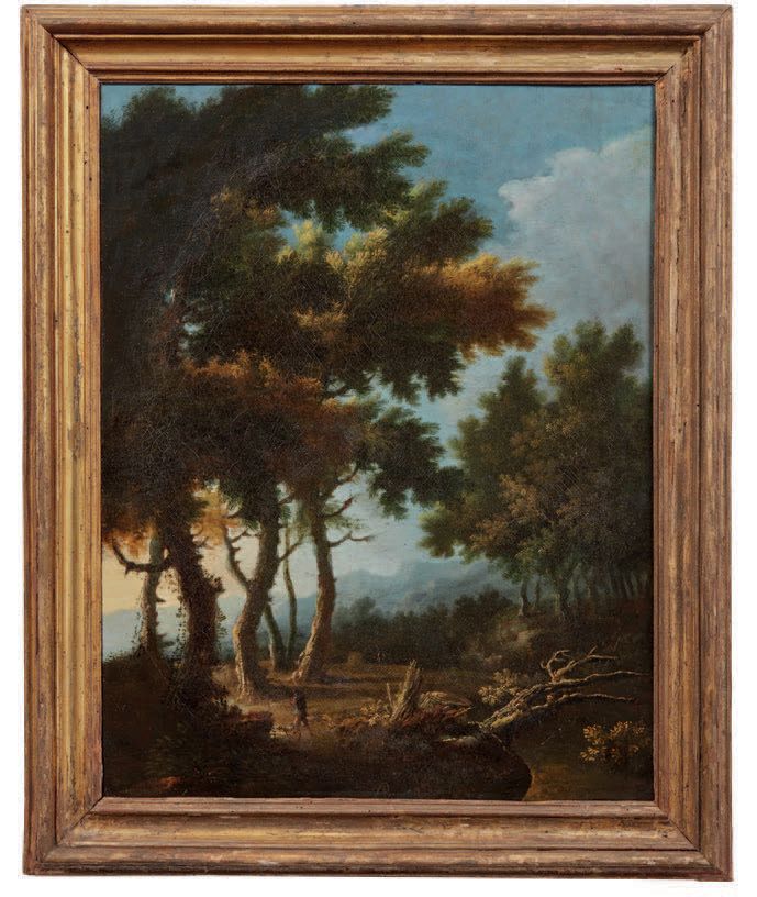 PITTORE DEL XVIII SECOLO 
森林中猎人和狗的风景
布面油画（原为椭圆形，已修复）
École du XVIIIe siècle Pays&hellip;