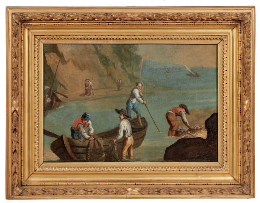 PITTORE DEL XVIII SECOLO 
Groupe de pêcheurs tirant des filets
Huile sur toile
É&hellip;