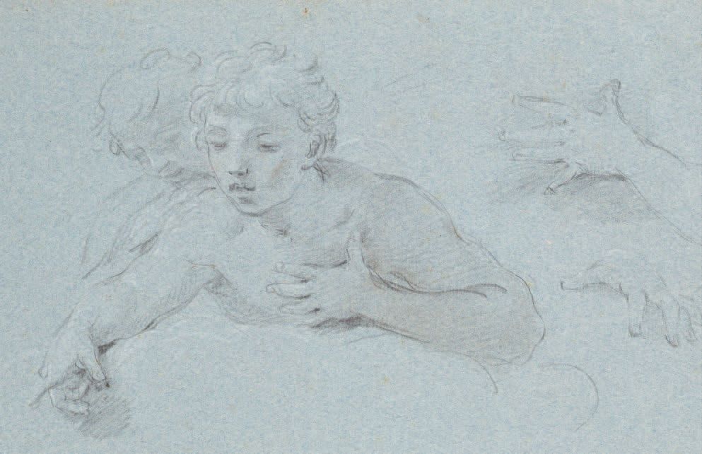 Scuola romana del XVIII secolo 
年轻人半身像和手的研究
蓝纸上的黑石
École romaine du XVIIIe siècl&hellip;