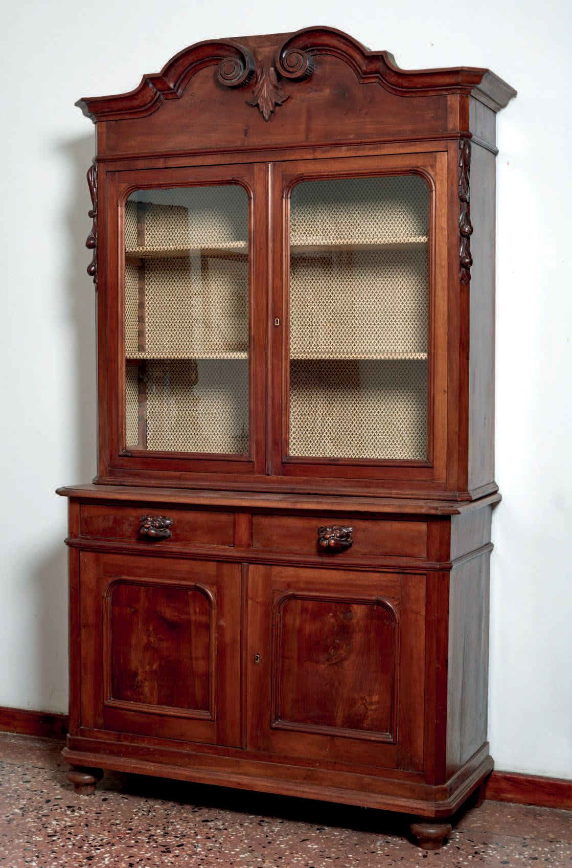 Null Two-piece veneered wood sideboard, two glazed doors in the upper part used &hellip;