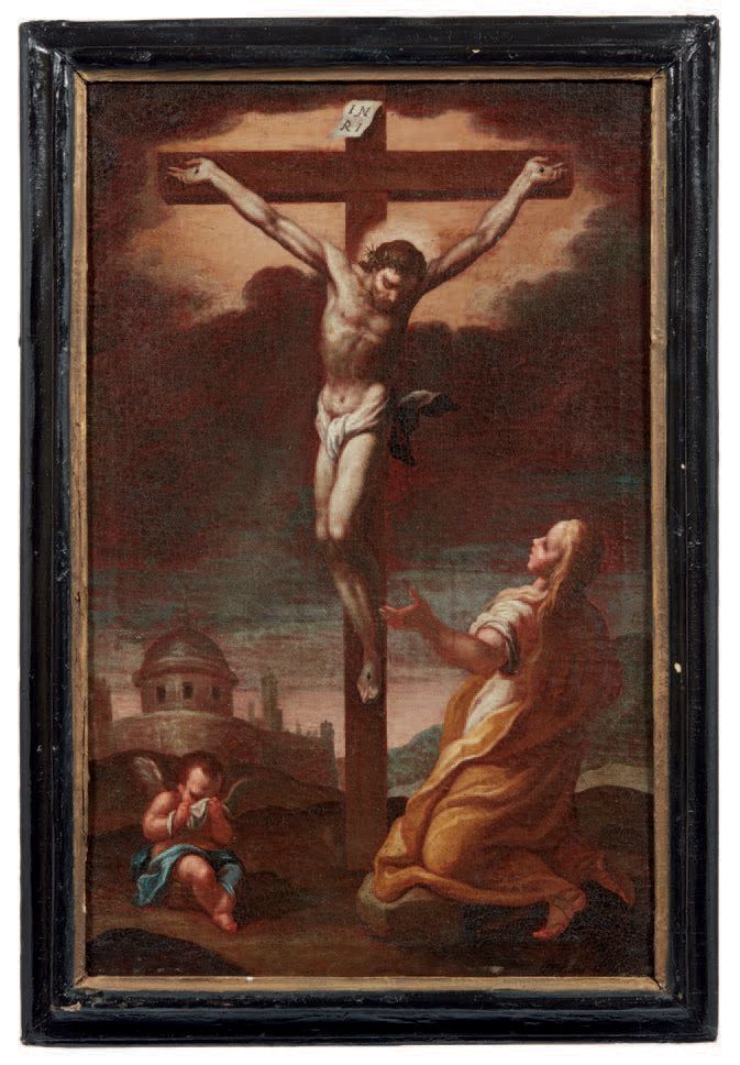 Scuola Veneta del XVII secolo 
Jésus sur la croix avec Marie-Madeleine et un pet&hellip;