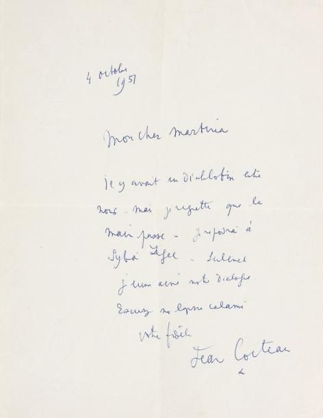 COCTEAU Jean (1889-1963) Lettre autographe signée, [Saint-Jean Cap-Ferrat] 4 oct&hellip;
