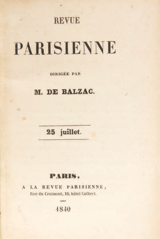 Honoré de BALZAC. Revue parisienne. París, La Revue parisienne, 25 de julio - 25&hellip;