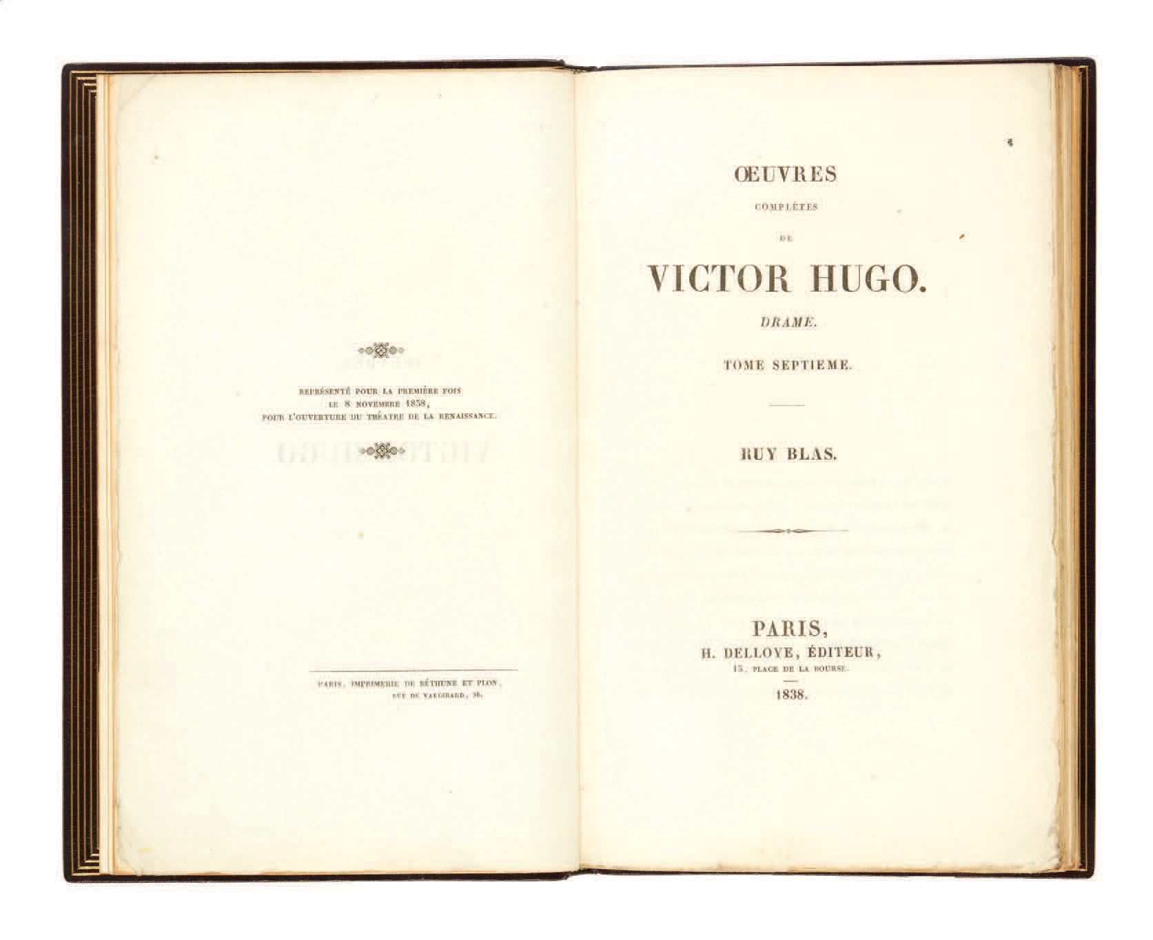 VICTOR HUGO. Ruy Blas. Paris, H. Delloye, 1838.
In-8, maroquin à grain long aube&hellip;